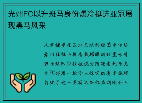 光州FC以升班马身份爆冷挺进亚冠展现黑马风采