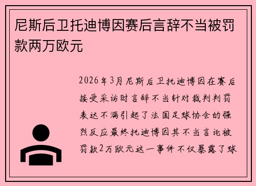 尼斯后卫托迪博因赛后言辞不当被罚款两万欧元