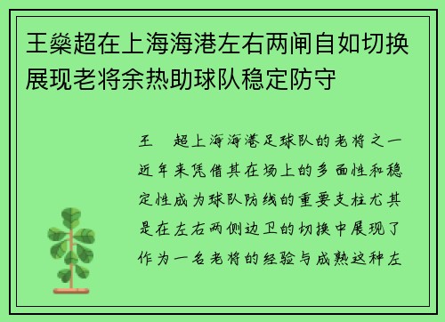 王燊超在上海海港左右两闸自如切换展现老将余热助球队稳定防守
